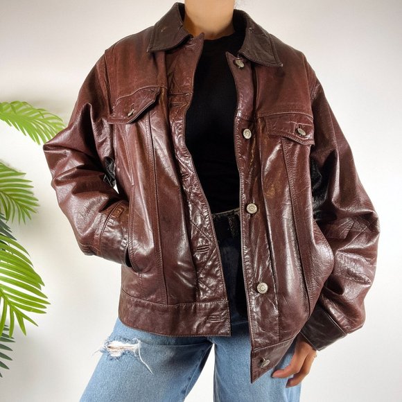Vintage 90s Grunge Streetwear Brown Indie Biker Bomber Leather Jacket / Size: 2X - Picture 7 of 8
